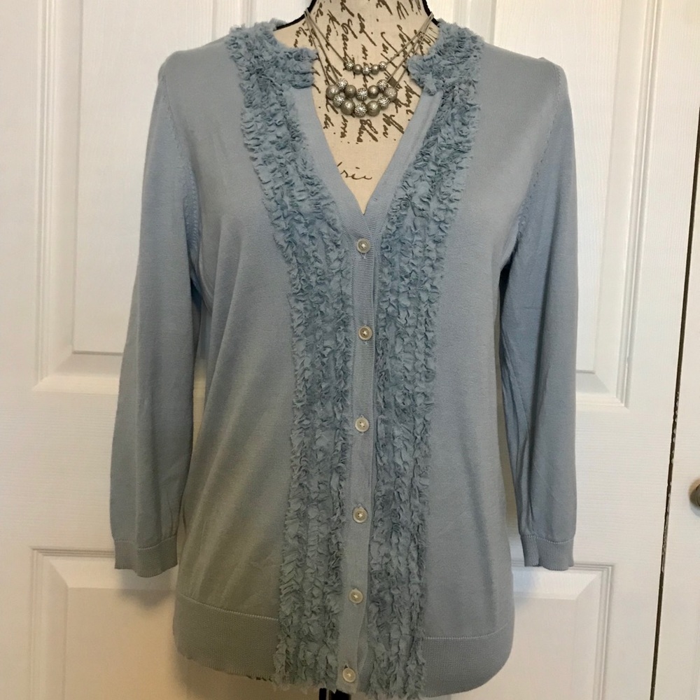 Talbots Silk Ruffle Blue Button Front Cardigan